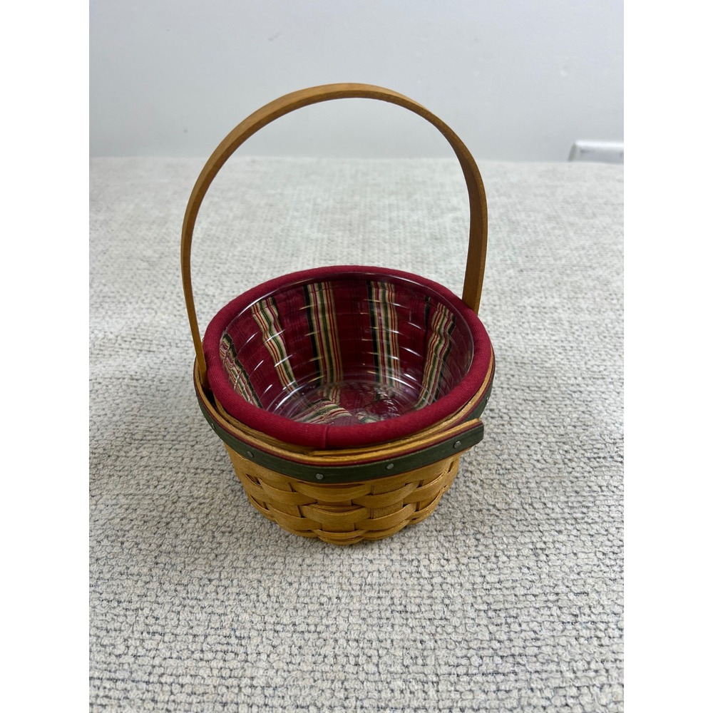 Longaberger Small Round Basket 2005 Red Green Striped Liner Plastic Protector
